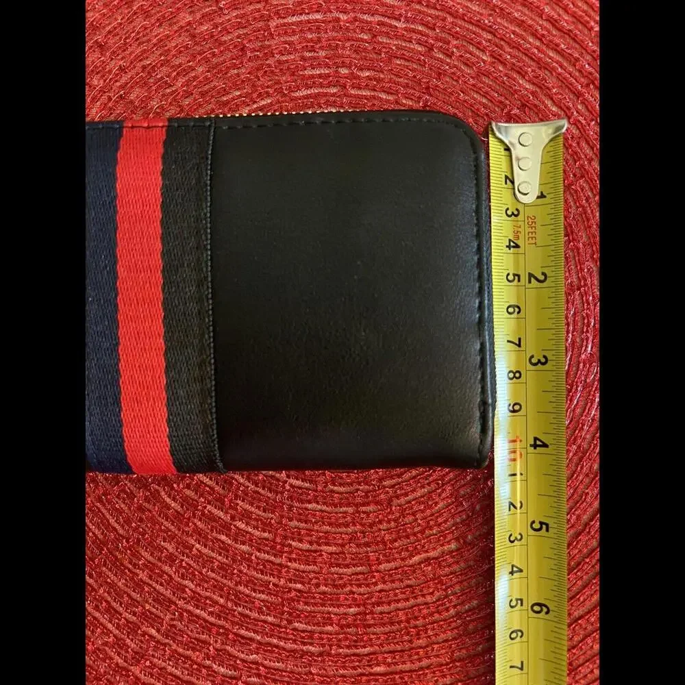 Black Faux Leather Zip‎ Wallet with Red & Navy Stripe Trim